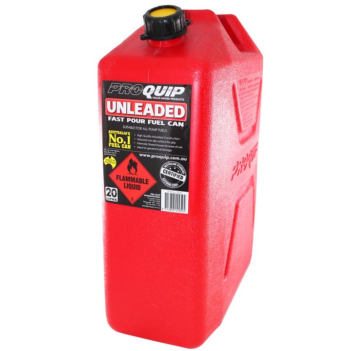 A red plastic Pro-Quip unleaded fuel can with a black cap and a label that includes the brand name and the hazardous classification of the product.